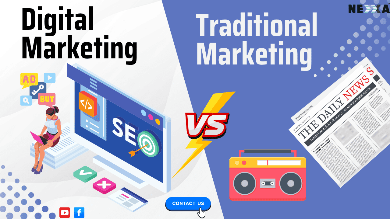 Split image comparing traditional marketing vs digital marketing ( Left: woman with laptop near digital icons and SEO screen. Right: newspaper and radio)